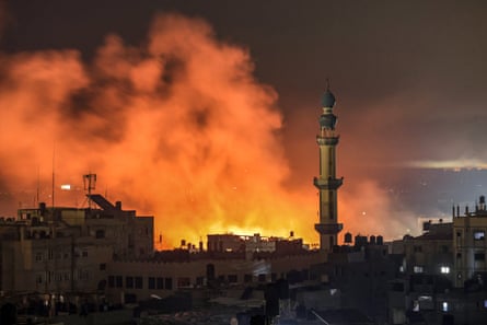 Fire and smoke erupt after Israeli bombardment in Rafah in the southern Gaza Strip on 14 December 14 2023.