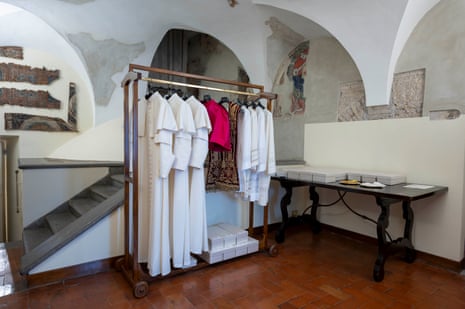 A view of the "Room of Tears" with the different sizes of the dress that the new Pope will wear.