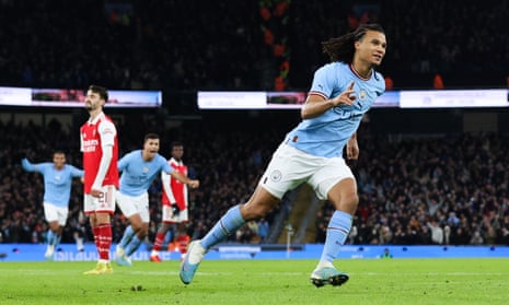 Nathan Aké celebrates his well-taken winner for Manchester City.