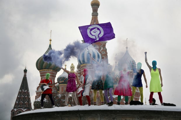 Pussy Riot perform atop … Mesto stone platform in front of Saint Basil’s Cathedral on the Red Square in Moscow, on January 20, 2012.
