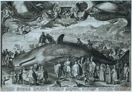 A large engraving showing people gathered around and on top of the carcass of a whale Rijksmuseum