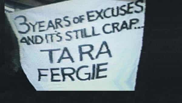 The ‘Ta Ra Fergie’ banner which was held up by Manchester United fans early in his reign as United manager.