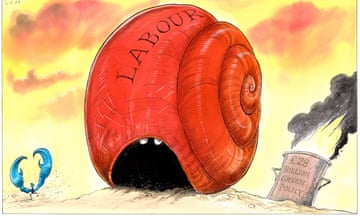 Chris Riddell illustration of red snail shell marked 'Labour' with pair of eyes hiding inside next to a smoking bin marked '£28bn green policy'
