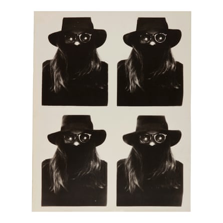 black and white photo booth strip of woman wearing black hat, mask and sunglasses