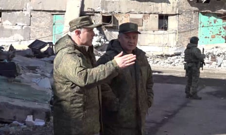 Russian defence minister Sergei Shoigu (right) during a visit to a Russian-occupied part of Ukraine.