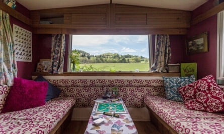 Interior of Van Goff caravan, Powys, Wales, UK.