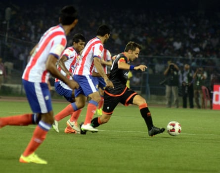 Alessandro Del Piero of Delhi Dynamos FC takes on the Atletico de Kolkata defence during their 1-1 draw in the Indian Super League on October 19, 2014.