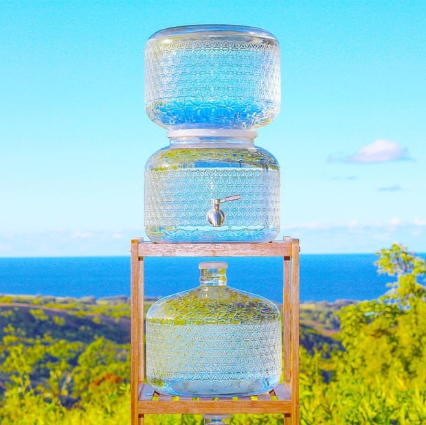 A jug of Live Water’s raw water, which comes in custom-made glass containers.