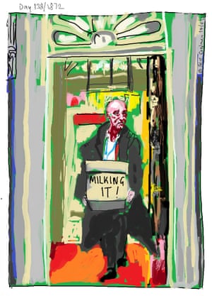 Dominic Cummings leaving No 10 with a box that reads 'Milking It'