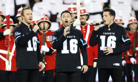 Canadian recording artists the Tenors perform the Canadian national anthem prior to the Canadian Football League’s (CFL) 104th Grey Cup championship game in Toronto in November 2016.