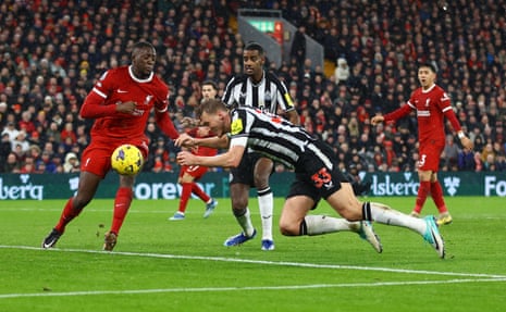 Newcastle United's Dan Burn scores a goal which is disallowed for offside.