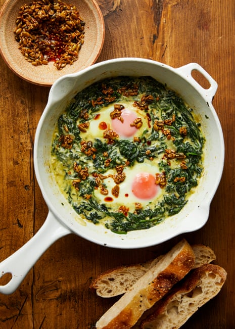 Ed Smith's eggs in creamed spinach with spiced butter seeds.