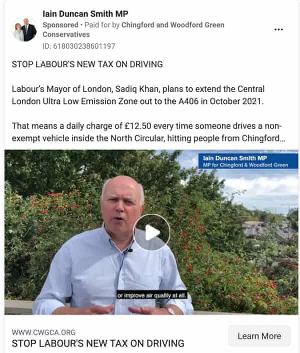 London clean air zone facebook ad placed by Iain Duncan Smith MP