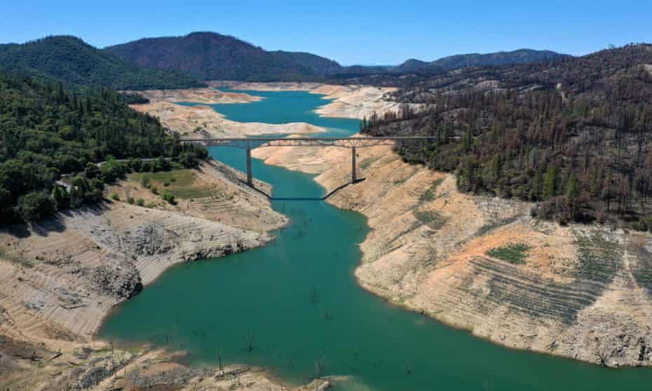 The Enterprise Bridge crosses over a section of Lake Oroville in Oroville, California. Water levels at the lake have dropped to 42% of its capacity.