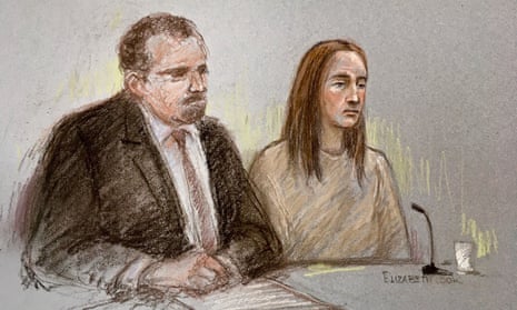 A sketch of Lucy Letby in the dock at Manchester crown court.