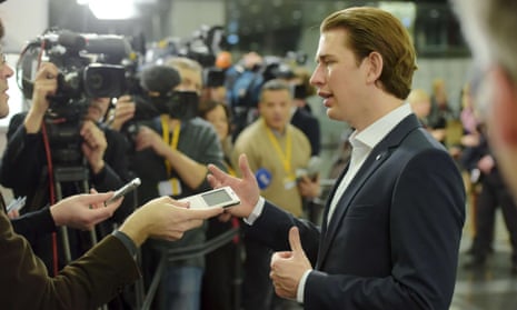 Sebastian Kurz, Austria’s foreign minister, talks to journalists during an informal meeting of European foreign ministers in Latvia, 7 March 2015