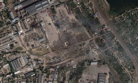 A satellite image shows the aftermath of the Ukrainian strike on a Russian ammunition depot in Nova Kakhovka