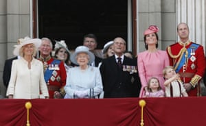 2017: from left, Camilla, the Duchess of Cornwall, Prince Charles, Princess Eugenie, Queen Elizabeth II, background Timothy Laurence, Princess Beatrice, Prince Philip, Kate, the Duchess of Cambridge, Princess Charlotte, Prince George and Prince William watch a fly past as they appear on the balcony of Buckingham Palace, after attending the annual Trooping the Colour Ceremony