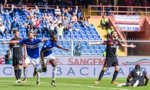 Sampdoria’s Duveen Zapata, centre, celebrates their opening goal as the Milan defence protest.