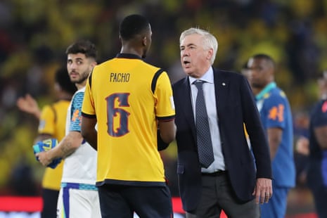Ecuador's Willian Pacho greets Brazil coach Carlo Ancelotti following the scoreless draw between the two sides.