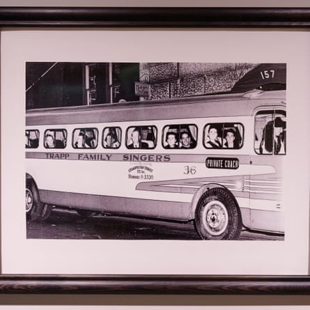 Framed black-and-white photo of the Von Trapp family in the US
