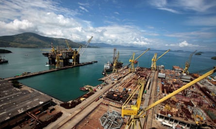 Final stage of the construction of a semi-submersible production platform for the Petrobras oil firm at a shipyard in Angra dos Reis, Brazil.