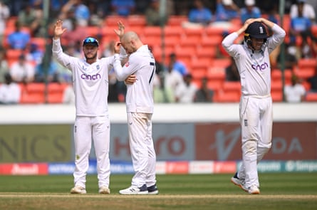 Ben Duckett, Jack Leach and Ollie Pope cut frustrated figures in the field