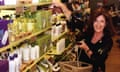 Photo dated 26/3/2001 of Body Shop founder Anita Roddick stacking shelves in her store in High Street Kensington, London, to mark Body Shop's 25th birthday