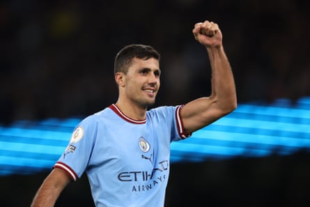 Rodri celebrates Manchester City’s 4-1 victory over Arsenal in April that gave them control of the title race.
