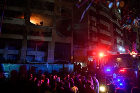 Emergency services pictured at the site of an explosion in the southern district of Dahiyeh, Beirut, on Tuesday.