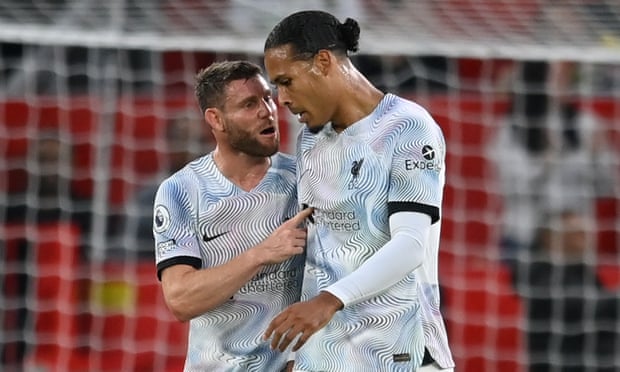James Milner angry at Virgil van Dijk after Manchester United's opening goal on Monday