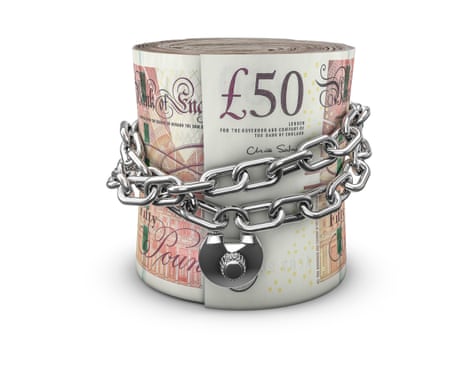 3D render of locked chain around rolled up fifty pound notes
