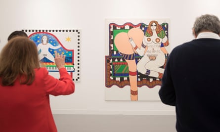 Dorothy Iannone’s Wiggle Your Ass for Me, 1970, right, and Courting Ajaxander, 1990, left, on show at the 2017 Frieze Art Fair in London.