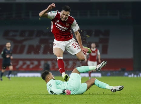 Arsenal’s Gabriel Martinelli reacts as he leaps over Manchester City’s goalkeeper Zack Steffen.