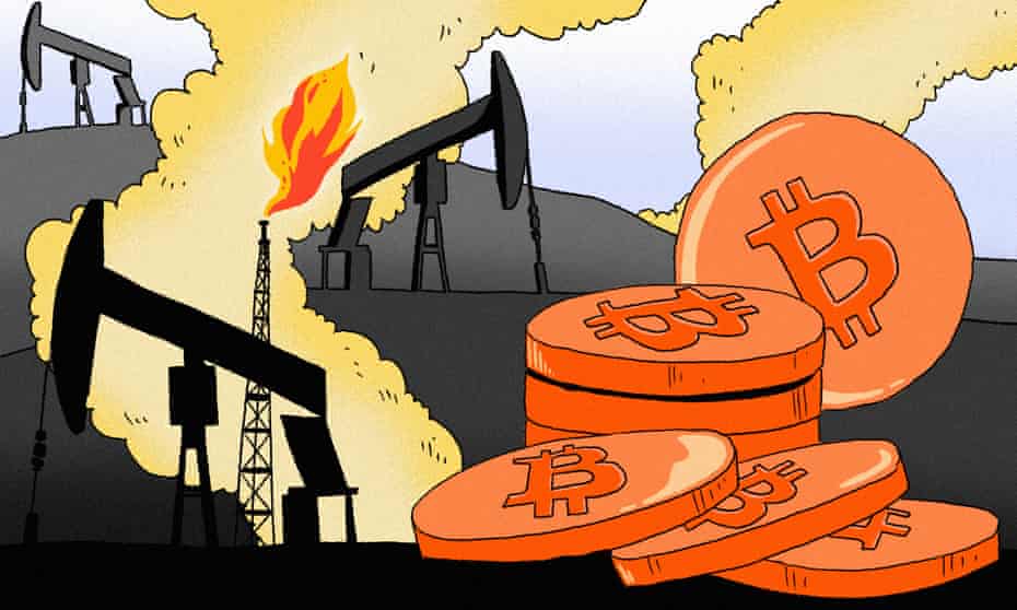 Bitcoin sitting in front of oil wells