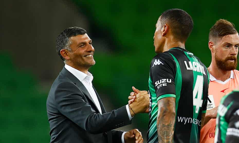 Western United coach John Aloisi with defender Léo Lacroix, who has been key to the club’s miserly defence.