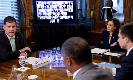 File photo: U.S. Labor Secretary Marty Walsh (L) speaks as Vice President Kamala Harris, Transport Secretary Pete Buttigieg and Director of the White House Office of Public Engagement Cedric Richmond look on at the first meeting of the White House Task Force on Worker Organizing and Empowerment in Washington in May 2021.