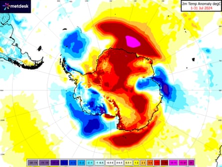 A map provided shows provisional heat data over Antarctica for July. Many parts of the continent were 5-10C above the 1991-2020 climate mean