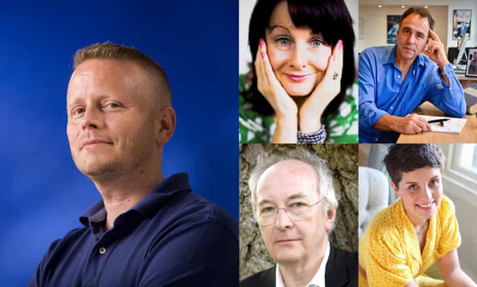 The writer Patrick Ness (left), with fellow authors Marian Keyes (top left), Anthony Horowitz (top right), Philip Pullman (bottom left) and Jessie Burton.