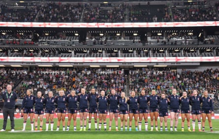 The England team sing the national anthem before the match against Australia at Allegiant Stadium in Las Vegas on 1 March