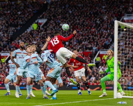 Casemiro scores Manchester United’s opening goal in Monday’s victory over Brentford.