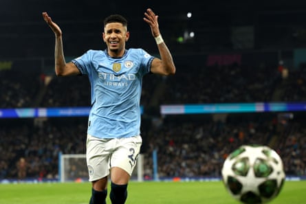 Savinho gestures to the crowd during Manchester City v Real Madrid.