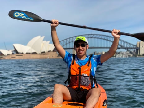 Bertin Huynh takes a kayaking lesson on Sydney Harbour with Sophie Morgan from Ozpaddle Sydney