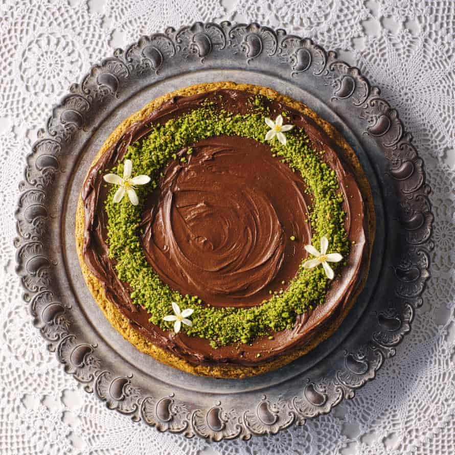 Pistachio cake with orange-blossom ganache.