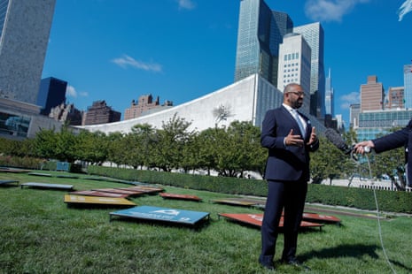 James Cleverly, Secretary of State for Foreign, Commonwealth and Development Affairs of the UK, speaks with members of the media outside the UN headquarters in New York.