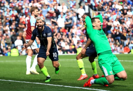 April 28: Sergio Aguero of Manchester City celebrates after scoring his team’s first goal against Burnley.