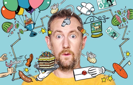 A photograph of Alex Horne with cartoon pictures and writing all over it