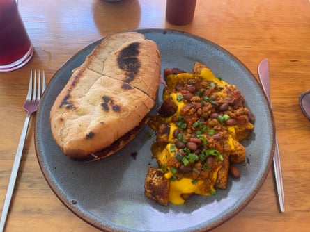 Barbecue mushroom torta with roast potatoes and bean chilli.