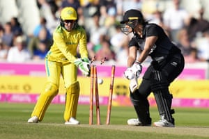 New Zealand’s Suzie Bates is bowled out by Australia’s Megan Schutt during the T20 semi-final match at Edgbaston. Australia prevailed to set up a final against India.