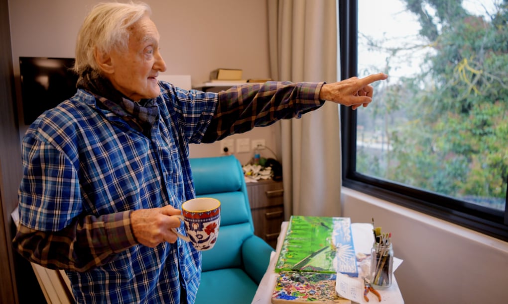Passionate painter Jack Featherstone basks in the winter light in his residential aged care room in Braidwood, NSW. 
